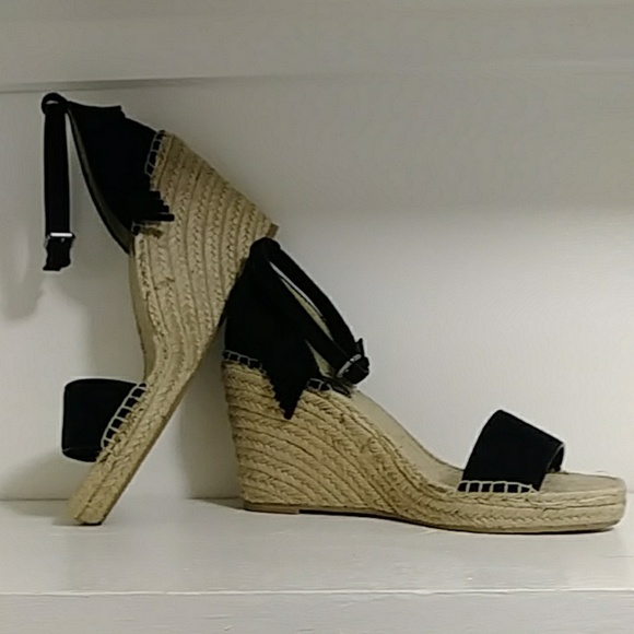 FRYE Fringe Ankle Strap Espadrille Wedges Suede Black Size 10 Fits like a 9.5 - Picture 4 of 7